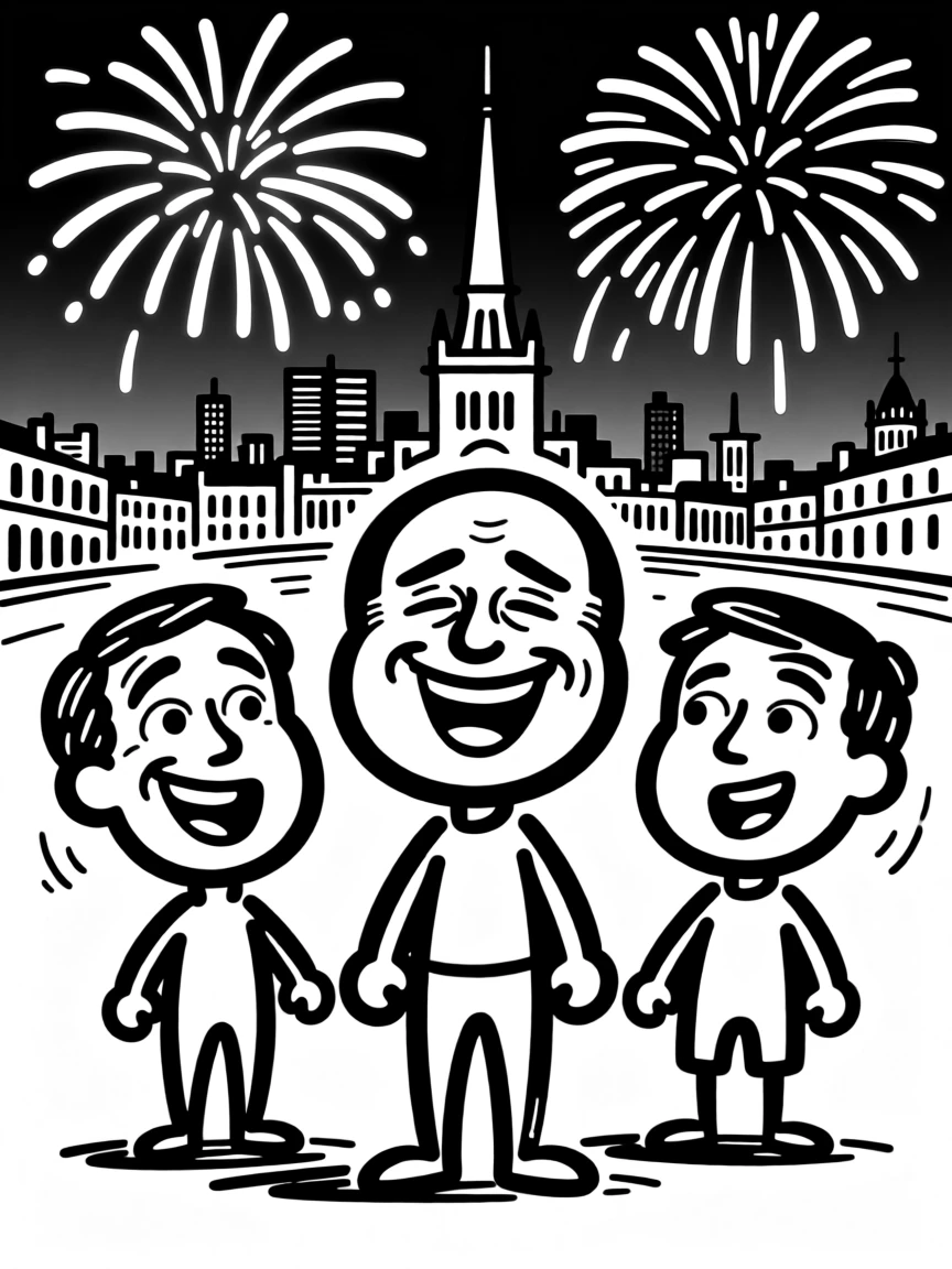 A Bastille Day fireworks display lighting up a historic city skyline.