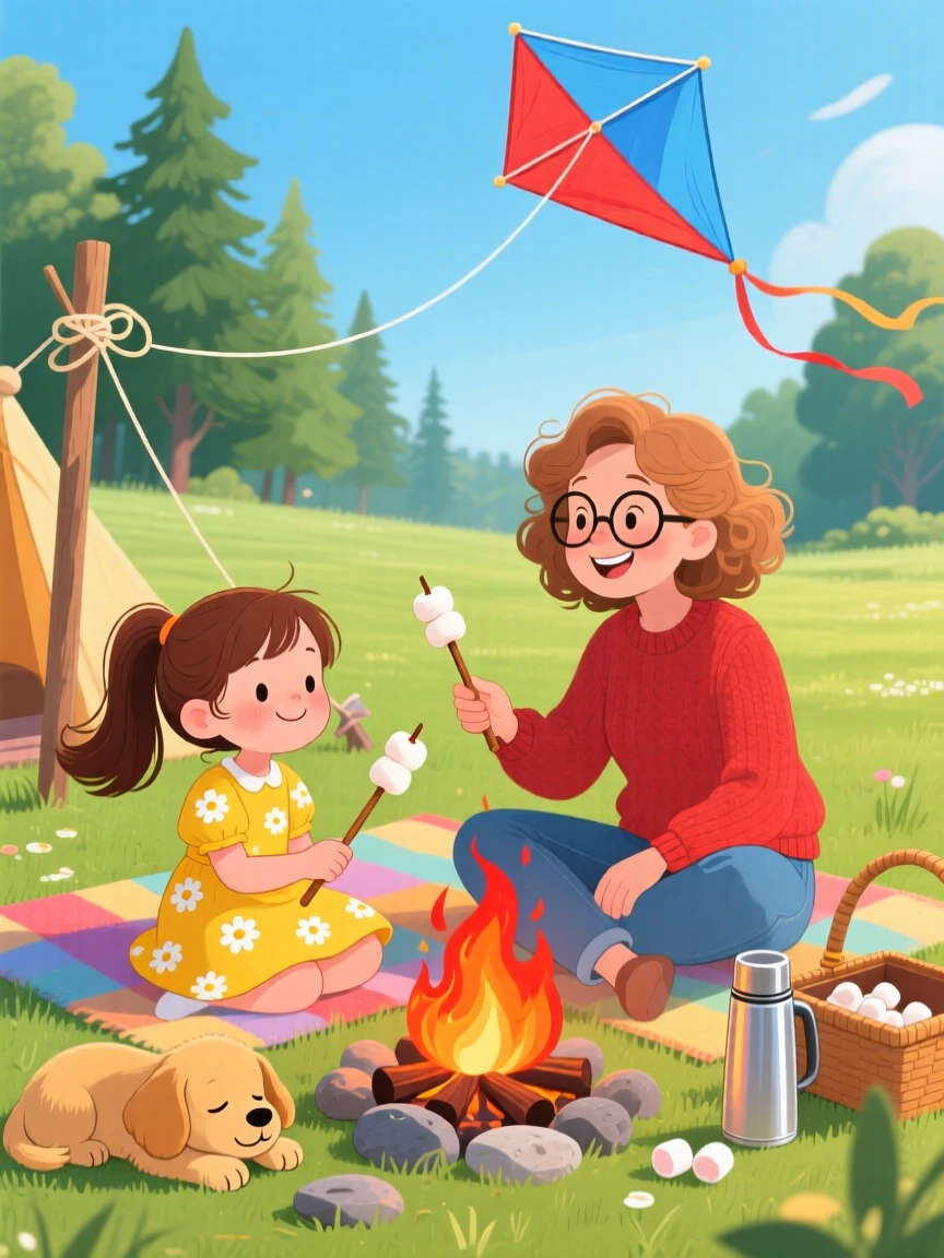 A girl with a kite spends the afternoon roasting marshmallows over a campfire with her mother, while a puppy dozes nearby.