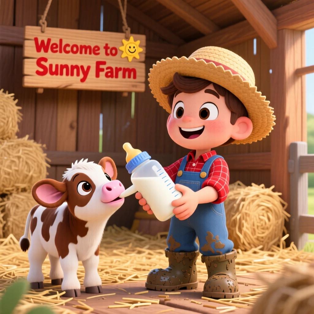 A young farmer bottle-feeding a newborn calf in a barn.