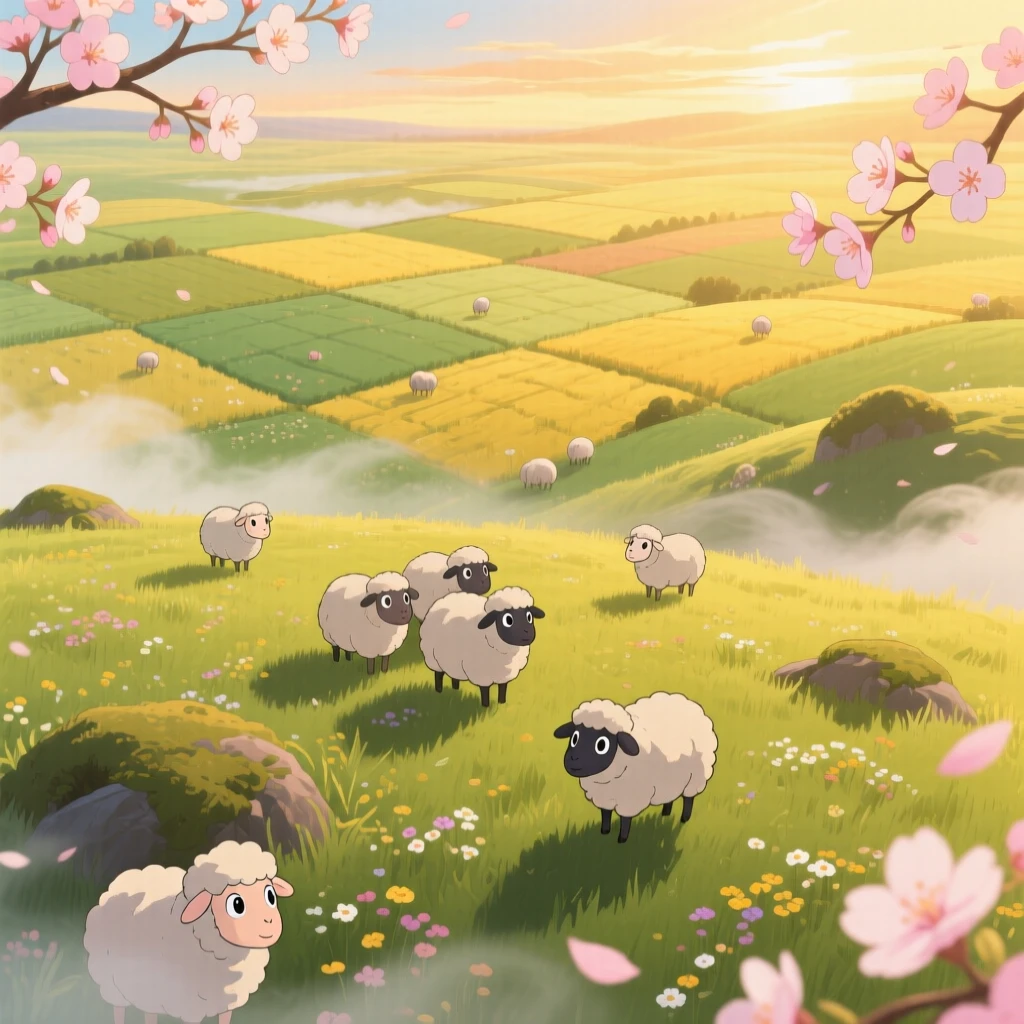A breathtaking view of a meadow dotted with grazing sheep, with wisps of morning mist clinging to the low ground, at golden hour, shown from directly above like a patchwork quilt.