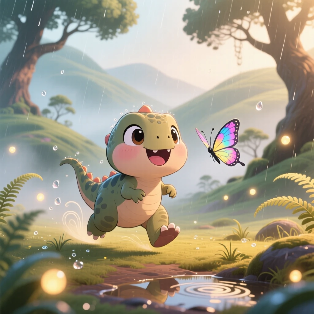 A friendly baby T-rex chasing a butterfly with tiny stomping steps in a misty prehistoric valley during a gentle spring rain shower; warm fairy-light glow washes over the scene as delighted joy fills the moment. Full-body shot.