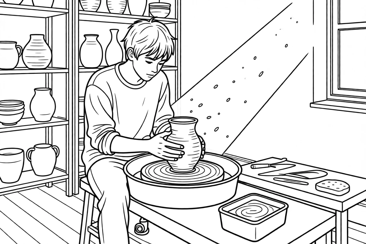 A potter's wheel shaping wet clay into a vase, with dust motes drifting in a beam of light.
