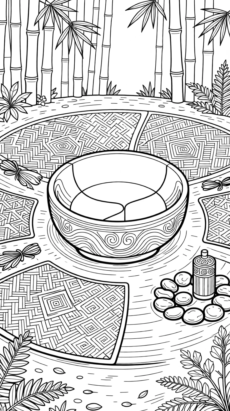 A ceremonial gathering scene with a wooden bowl and woven mats.