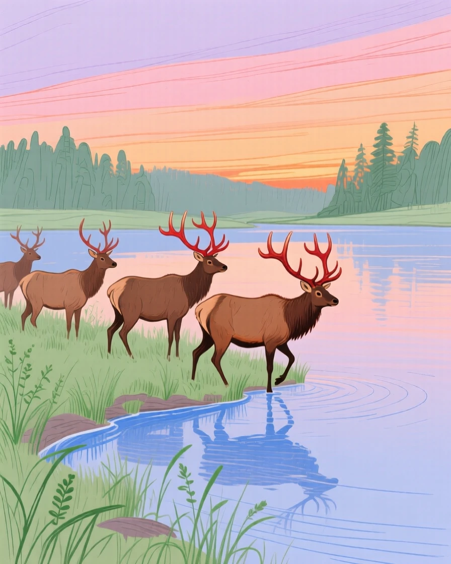 A herd of elk exploring beside a still lake at sunset.