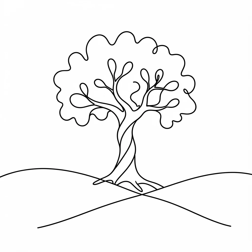 A solitary oak tree standing alone in the middle of a rolling field