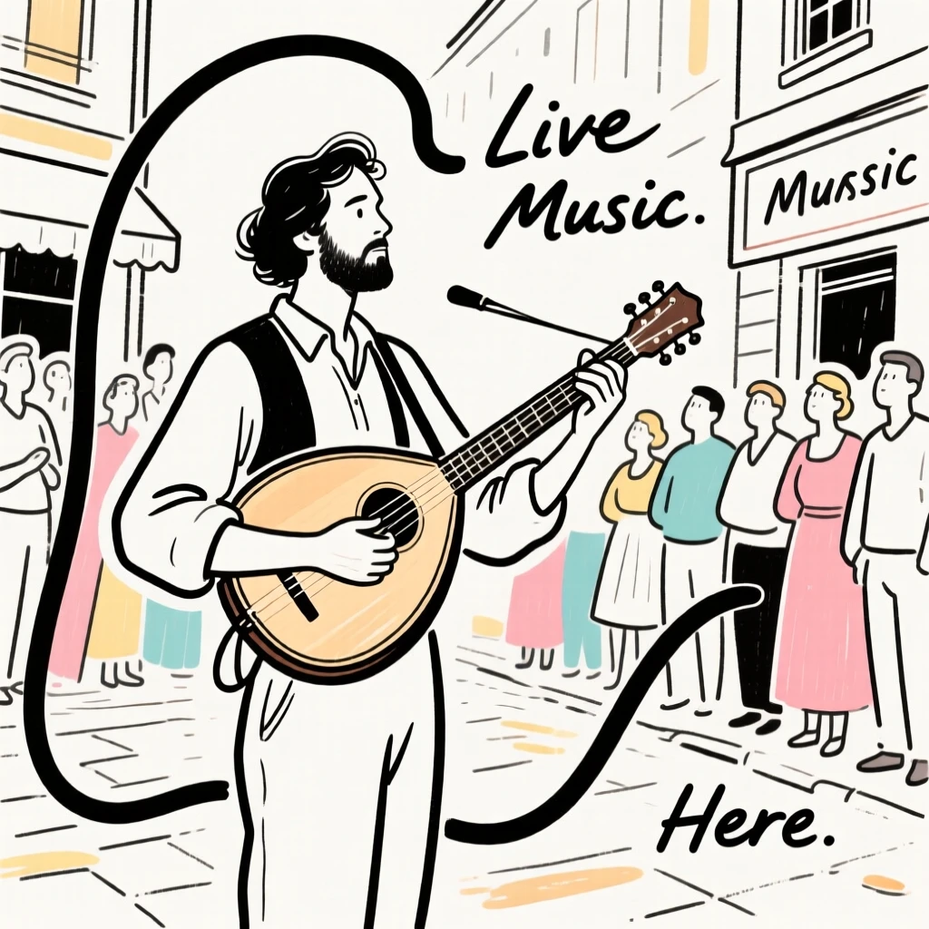 A street performer playing a hurdy-gurdy for a gathered crowd.