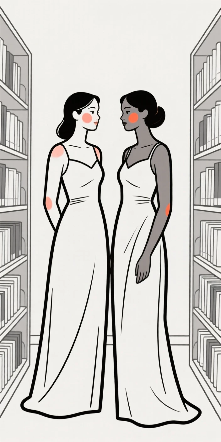 Twin sisters of Brazilian heritage in an elegant evening gown, radiating quiet confidence, in a quiet library.
