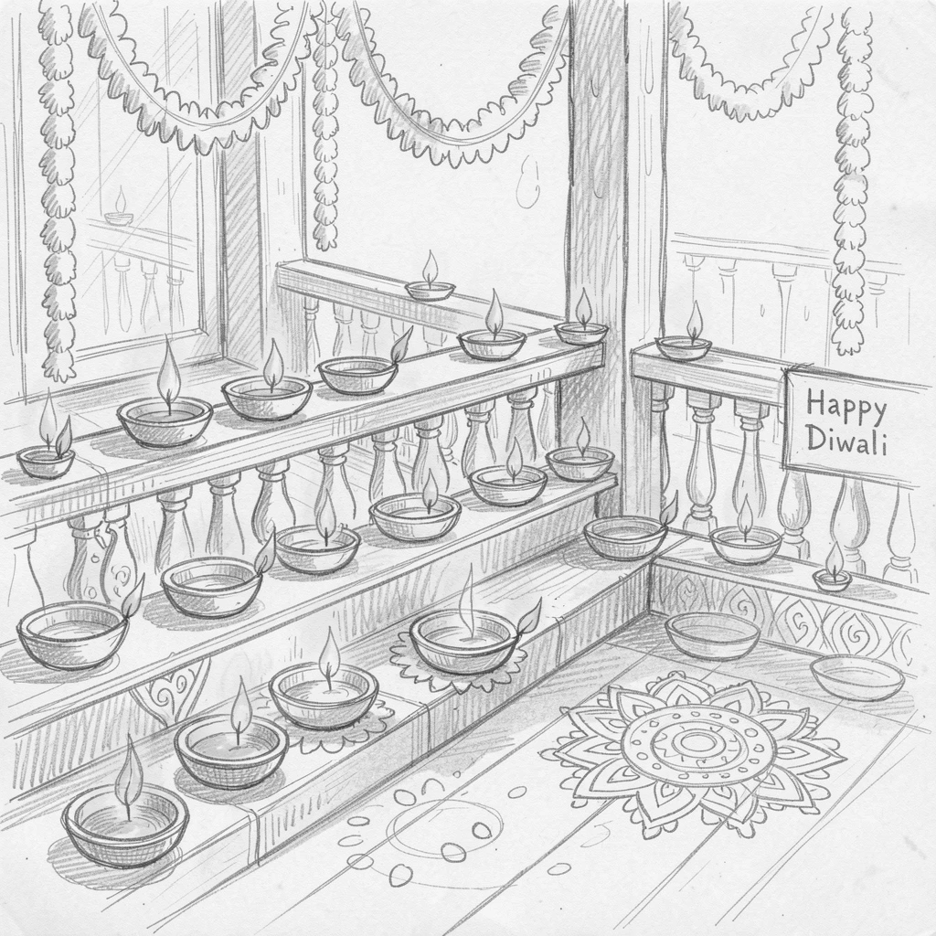 A joyful holiday moment: a Diwali celebration with glowing oil lamps on a decorated porch, with festive colors filling the frame.