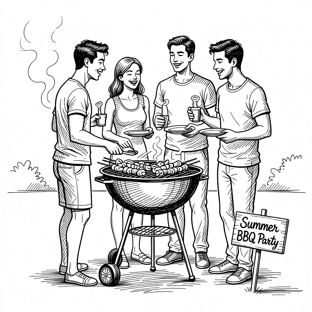 A festive summer barbecue celebration with friends gathered around a grill.