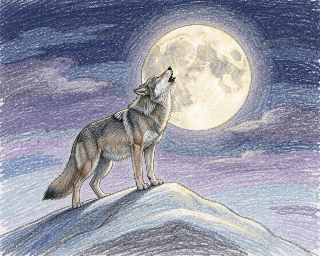 A lone wolf howling atop a snow-covered ridge beneath a full moon, with soft, natural light bringing warmth to every detail, capturing a quiet story that lingers with the viewer.