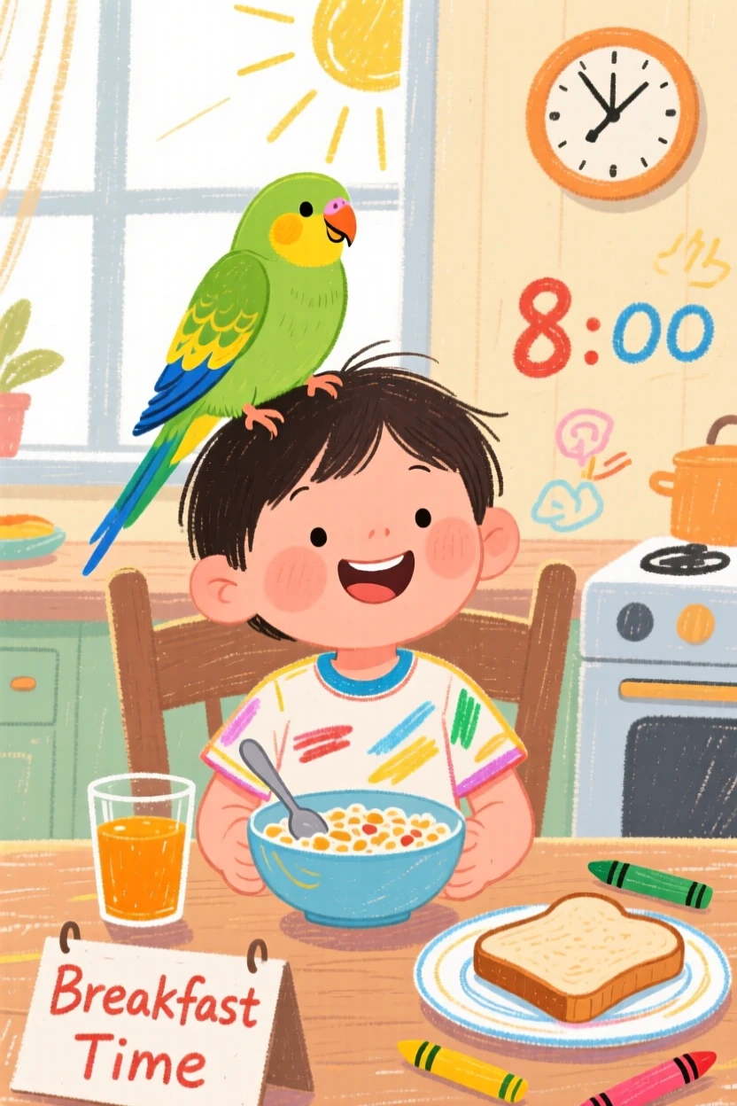 A parakeet perched on a child's shoulder during breakfast at the table.