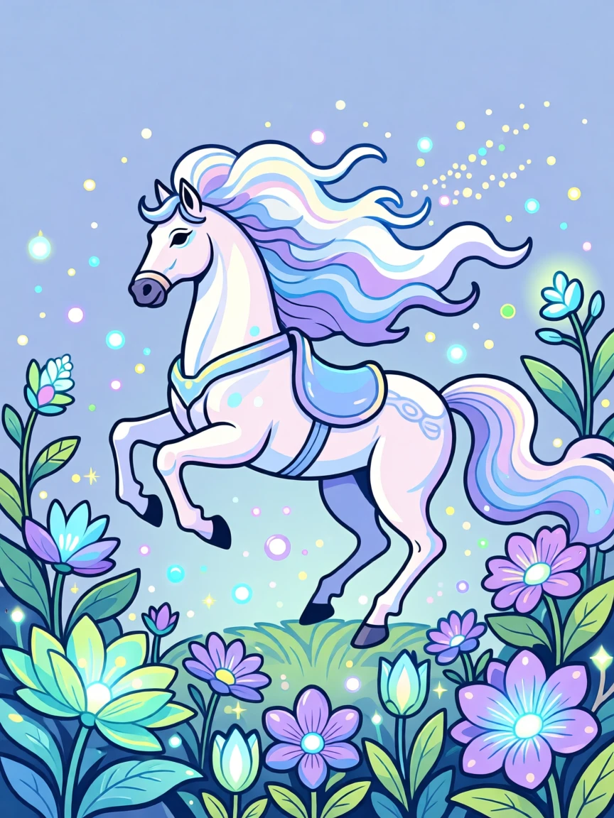 A magical carousel horse with a flowing mane made of clouds, surrounded by glowing flowers and luminescent plants, framed to capture both grandeur and delicate magical detail, with subtle magical particles drifting through the air.