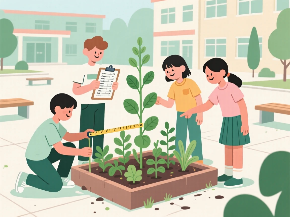 A group of students measuring plants they grew in a school courtyard.