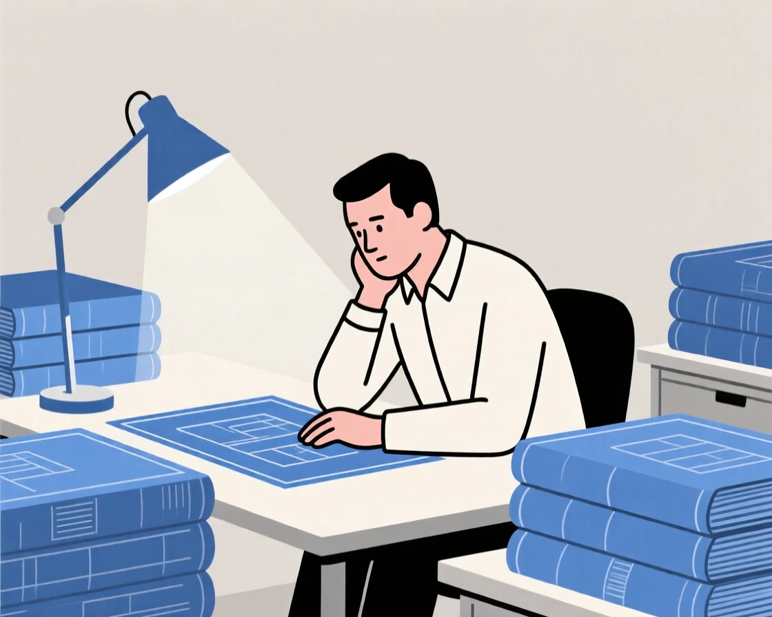 A focused teacher in a classroom working at a busy newsroom, surrounded by stacks of blueprints, expressing focused determination.