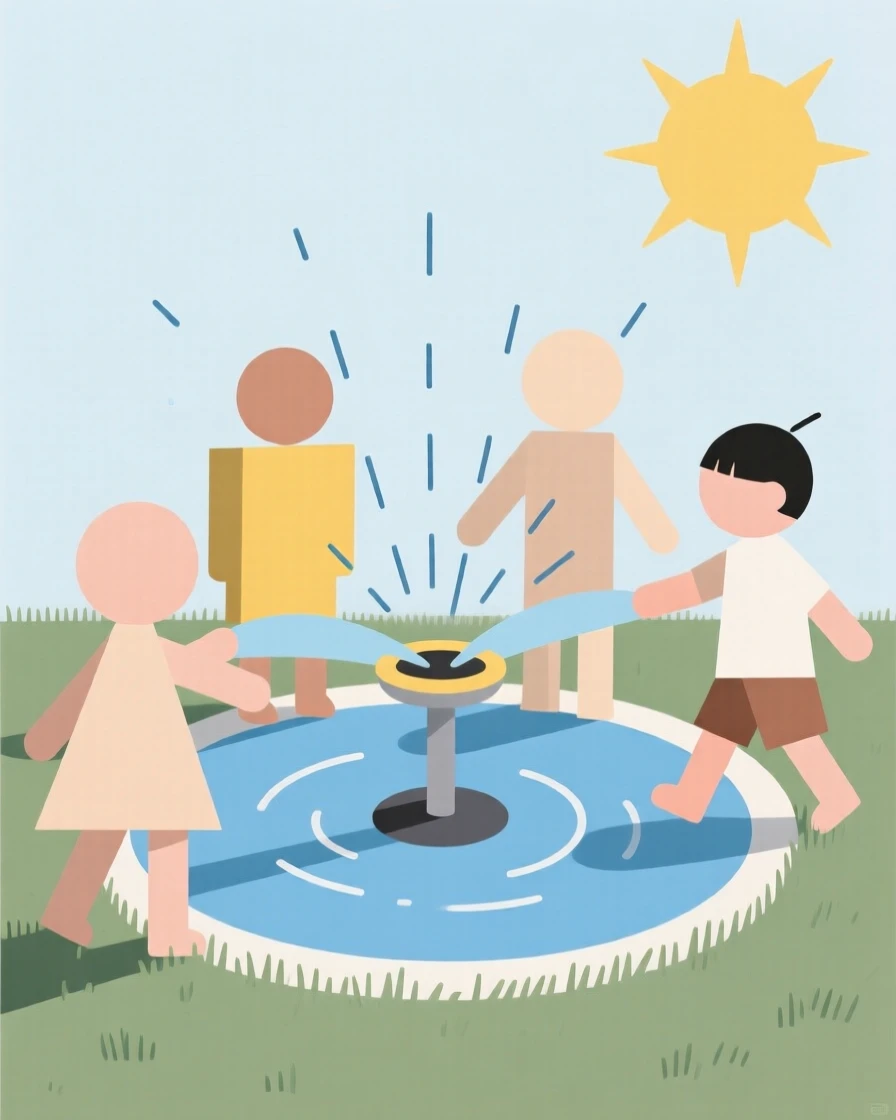 A group of kids playing in a sprinkler on a summer day