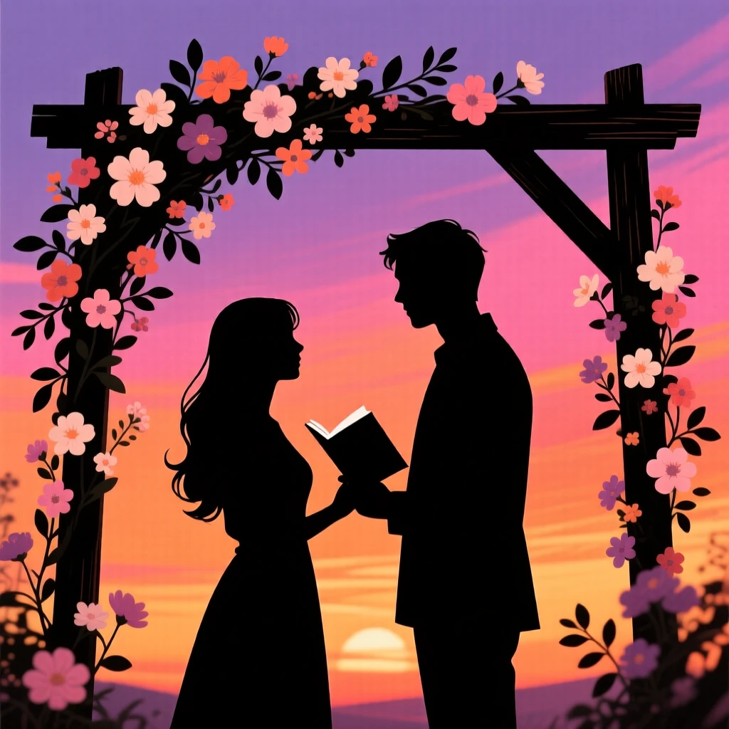 A couple exchanging vows beneath a flower-covered wooden arch.