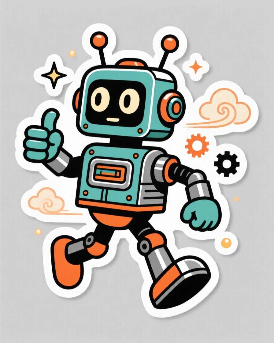 A playfully retro retro robot mascot giving a thumbs up, caught mid-action with dramatic energy, in a world full of wonder and imagination.