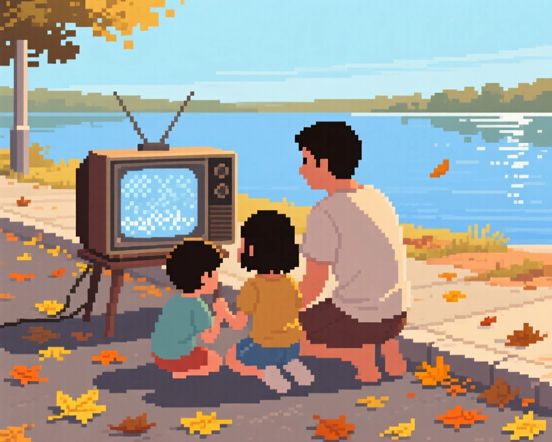 A family gathered around an old television surrounded by fallen leaves on a quiet street, beside a lake during summer vacation.
