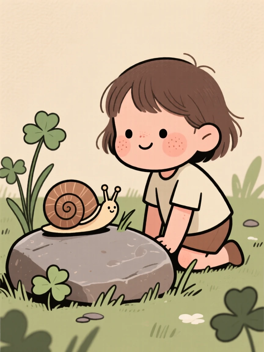 A curious small child kneels beside a snail on a stone in the backyard patch of clover, watching intently as it inches along a blade of grass.