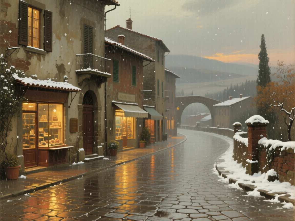 A grand panoramic scene of a rain-soaked street reflecting the warm glow of shop windows, in rural Tuscany, in gentle falling snow.