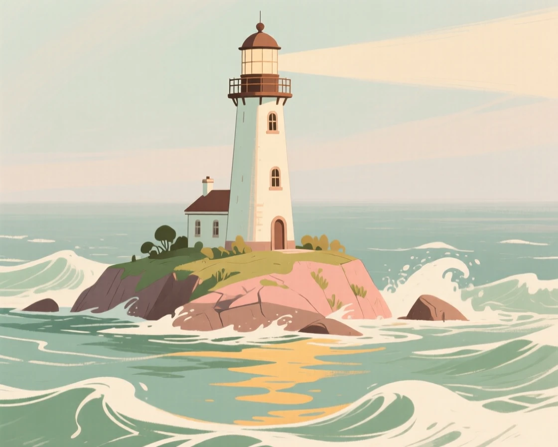 A lighthouse on a small island surrounded by crashing waves