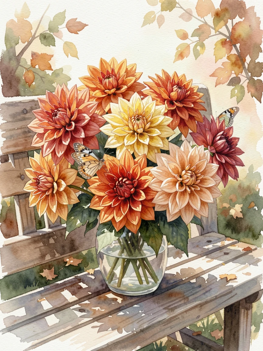 A bouquet of dahlias in autumn colors on a garden bench with a small butterfly resting on one bloom.