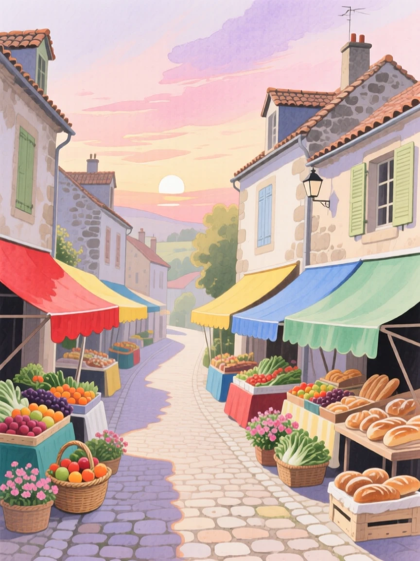 A picturesque view of a French countryside village with colorful market stalls lining the street, under a soft sunrise
