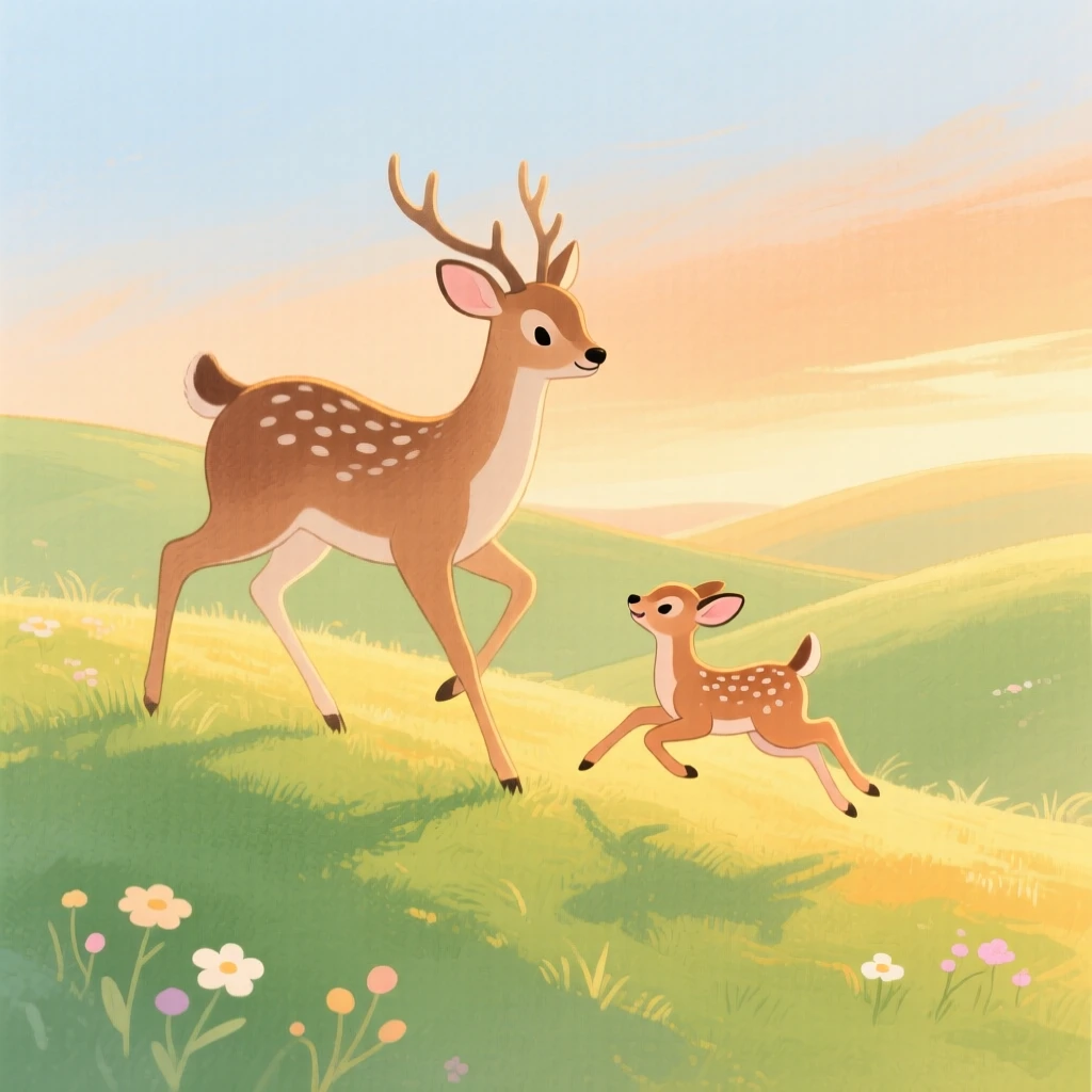 A gentle deer and her fawn playing joyfully in a rolling green hillside at the golden hour.