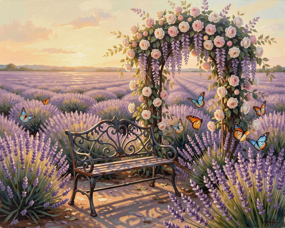 A field of lavender stretching to the horizon, butterflies gathering around a cluster of blossoms, with a wrought-iron bench tucked beneath a flowering arbor, at golden hour, the flowers glowing warmly in the low light.