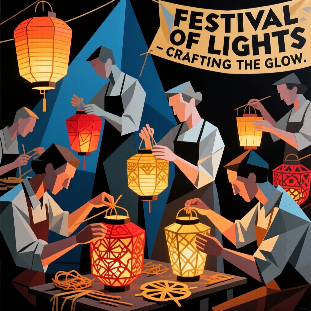 A group of paper lantern makers assembling glowing designs for a festival.