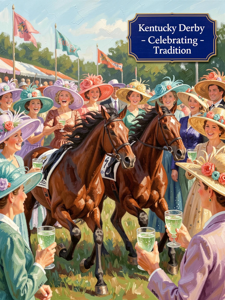 A colorful Kentucky Derby scene shows elegant hats and mint juleps as thoroughbred horses thunder past a cheering crowd, the scene capturing a fleeting, candid moment within a larger ongoing celebration.