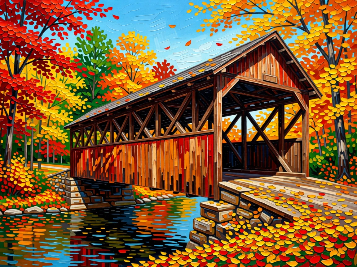 A covered wooden bridge surrounded by peak autumn foliage in New England