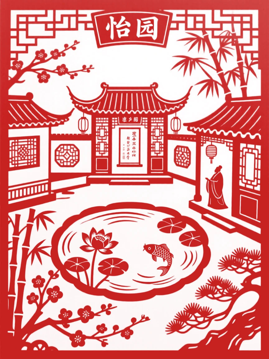 A scholar's garden with a winding covered corridor connecting several small pavilions around a central pond