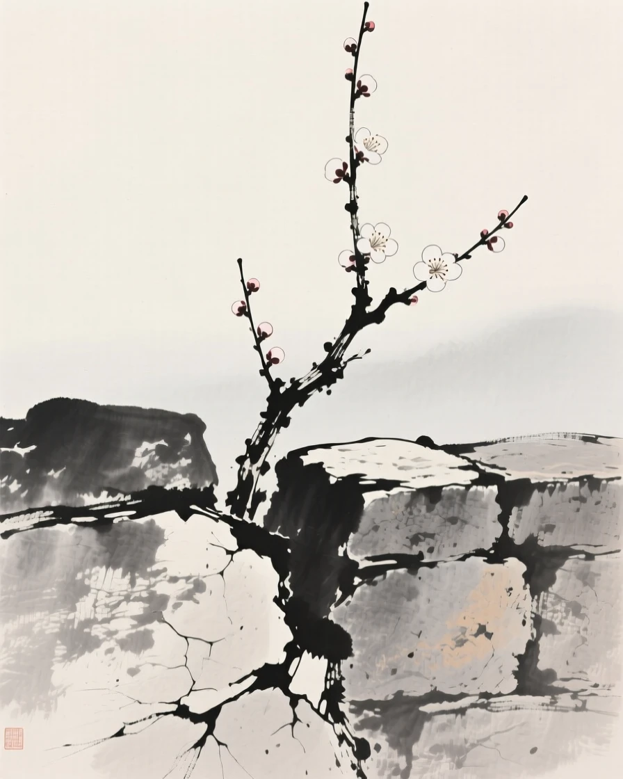 A single plum blossom branch growing from a crack in an old stone wall, set against a soft gradient of misty background, celebrating the fleeting beauty of the season.