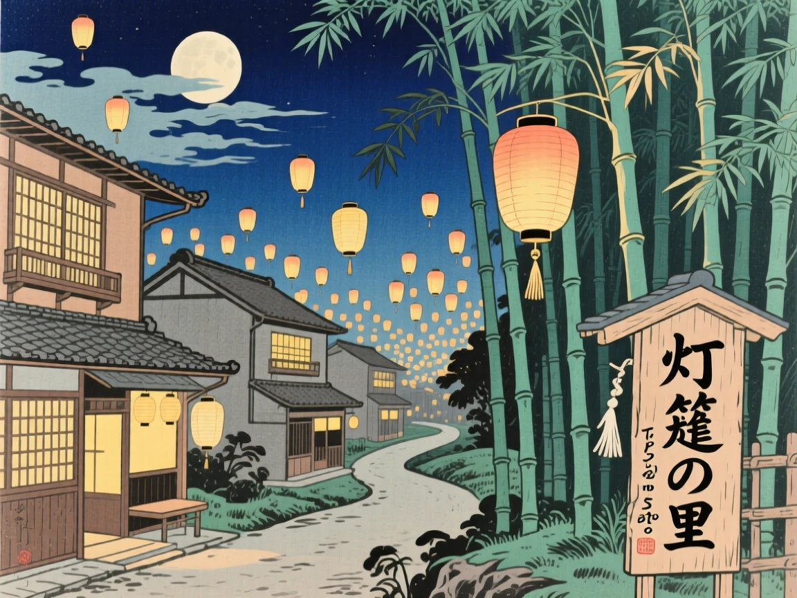 A village of glowing lanterns drifting skyward, winding through an ancient bamboo forest.