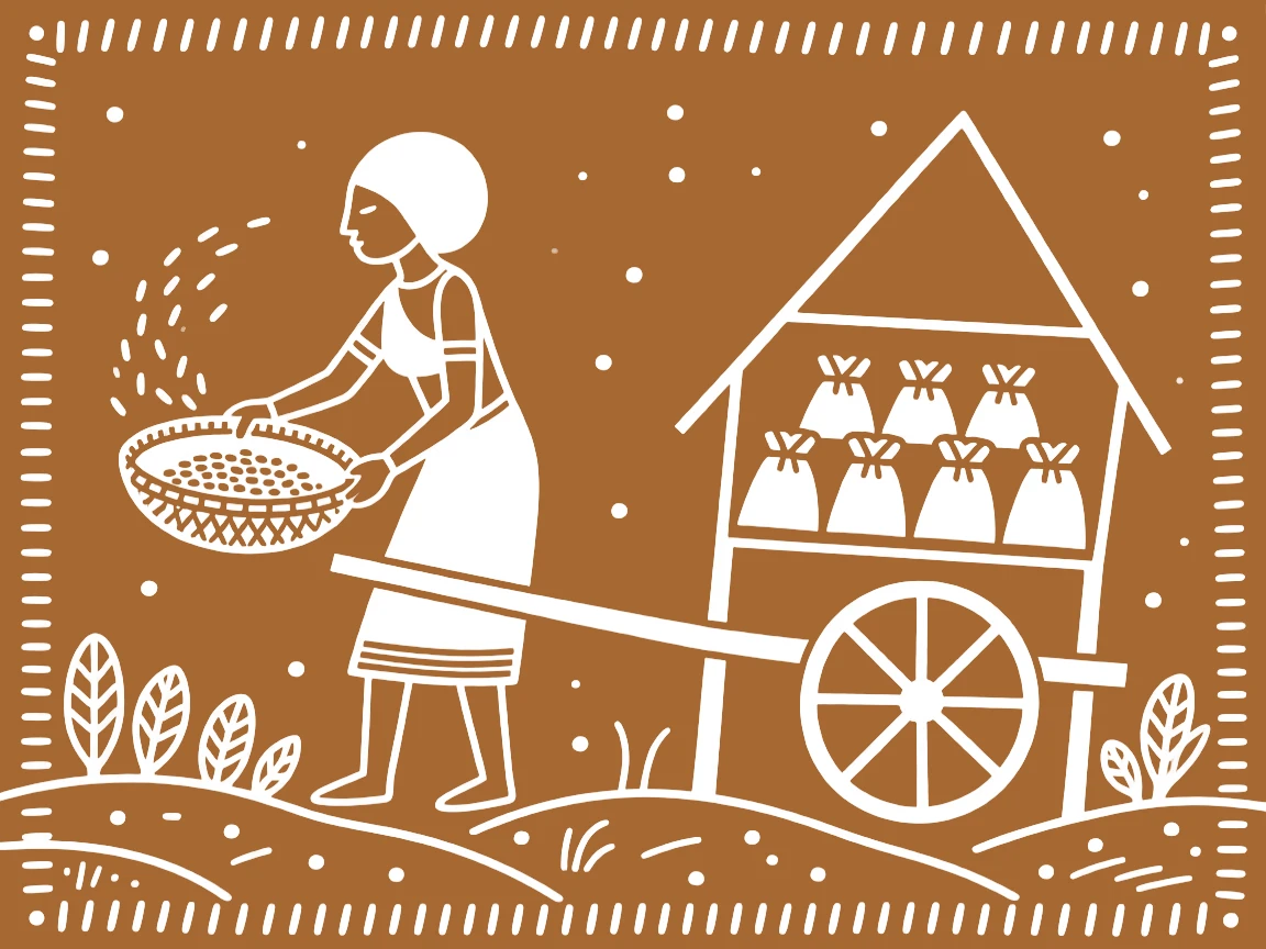 A woman winnowing grain loading a cart with the season's harvest.