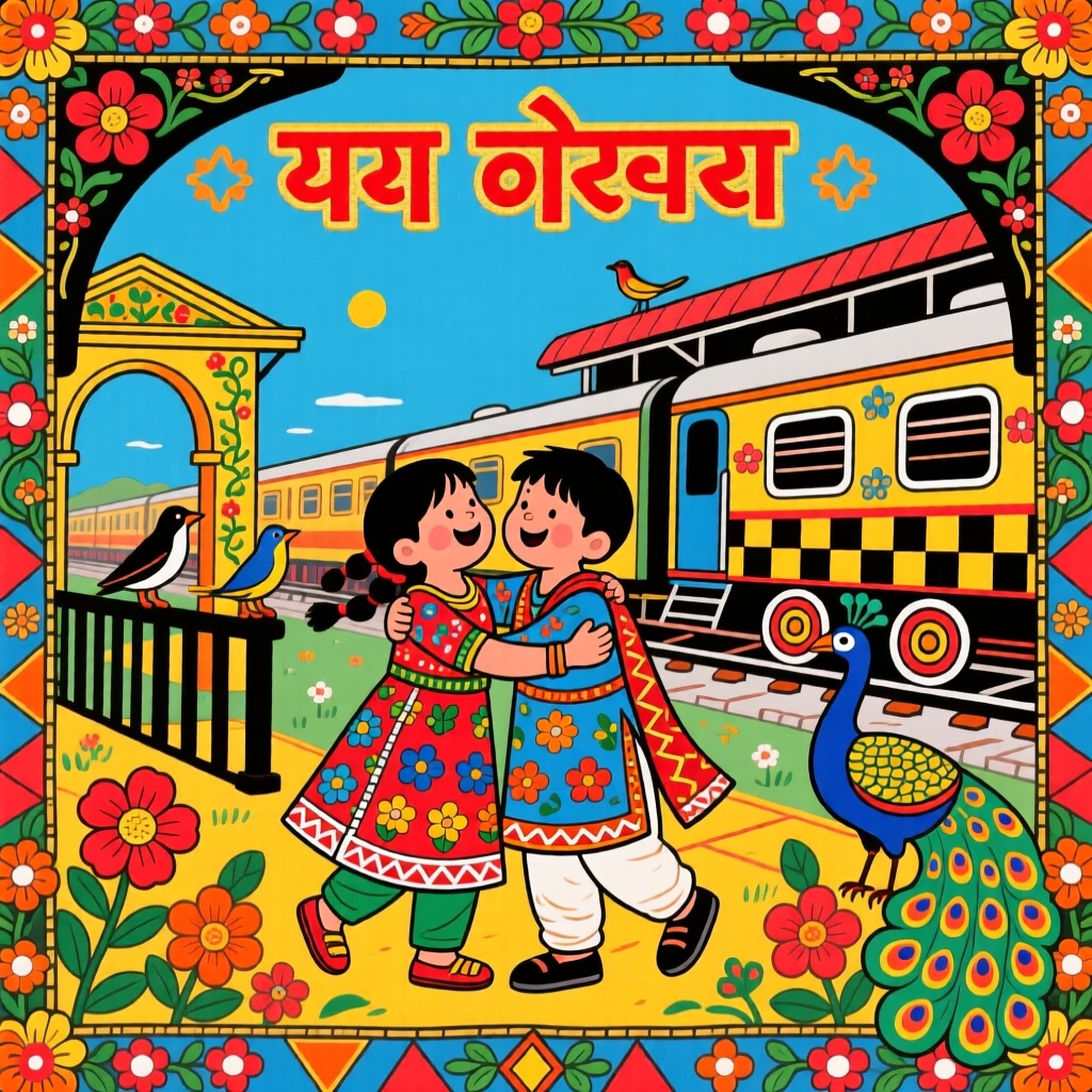 Two childhood friends reuniting with a warm embrace at a train station.