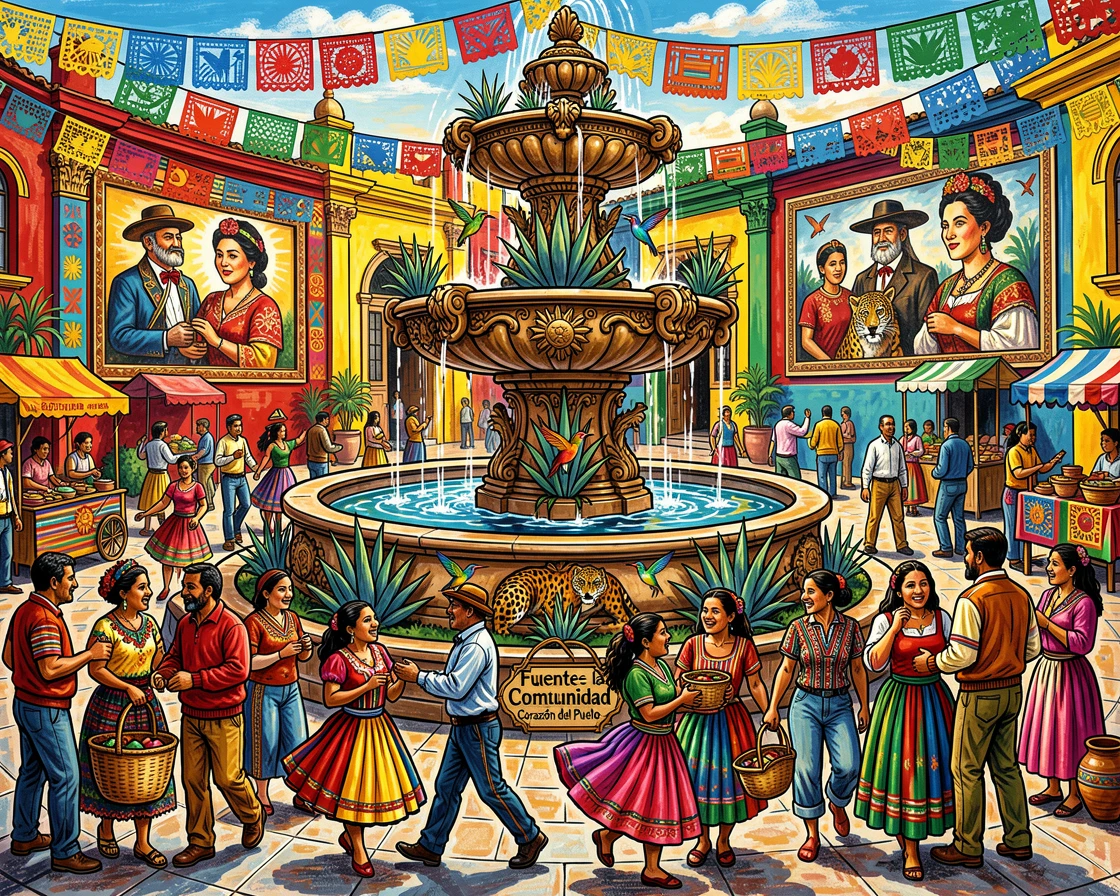A grand city fountain surrounded by strolling visitors