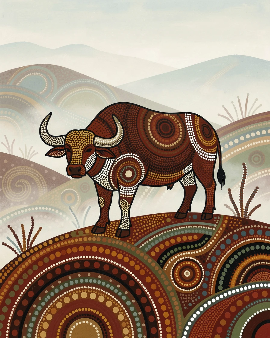 A lone water buffalo standing on a misty hillside