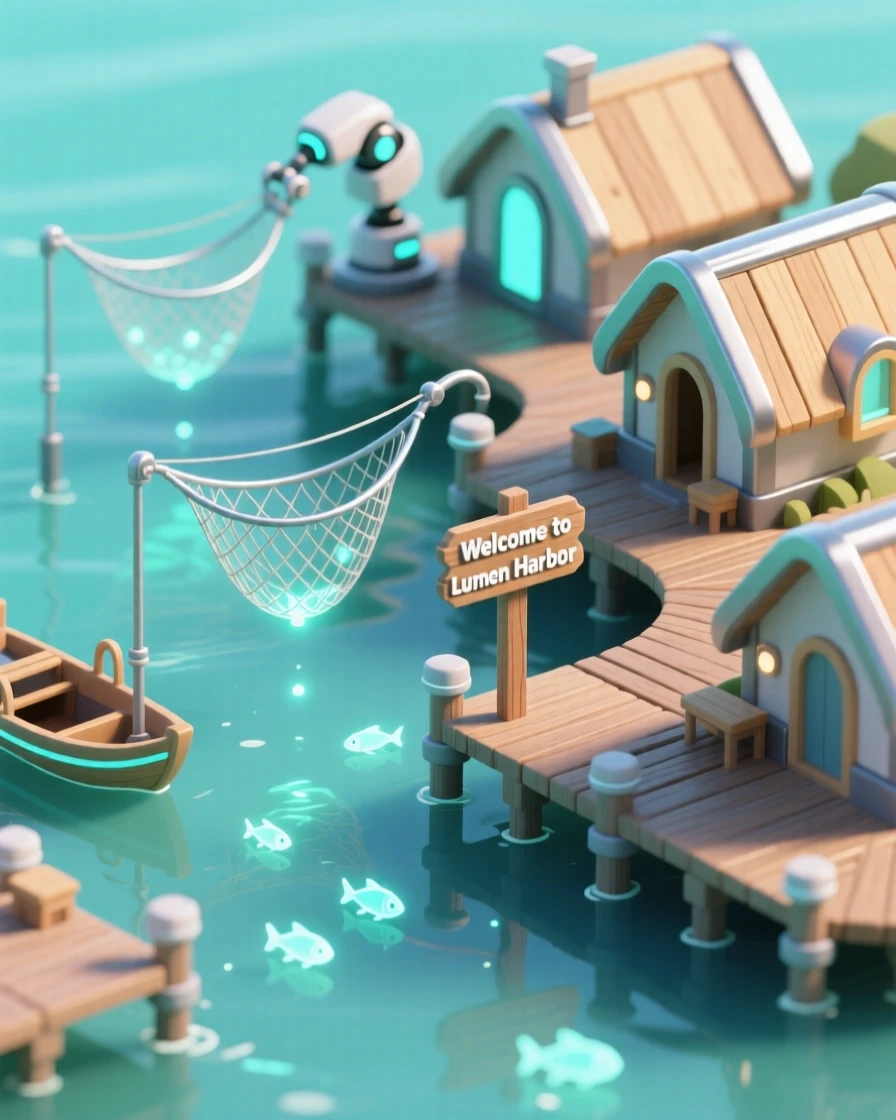 A futuristic fishing village with robotic nets gently harvesting glowing fish from a bioluminescent sea.