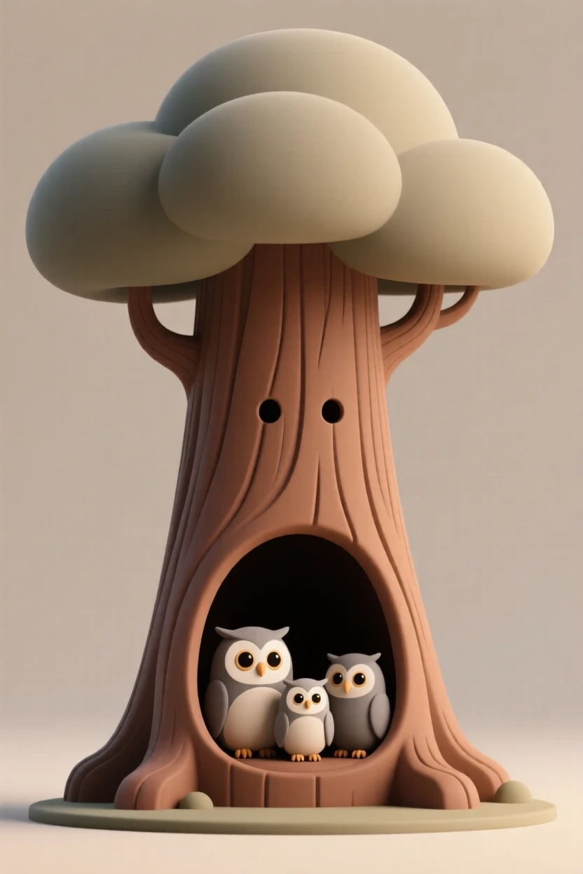A gentle giant sequoia spirit shelters a family of owls within its ancient hollowed trunk.