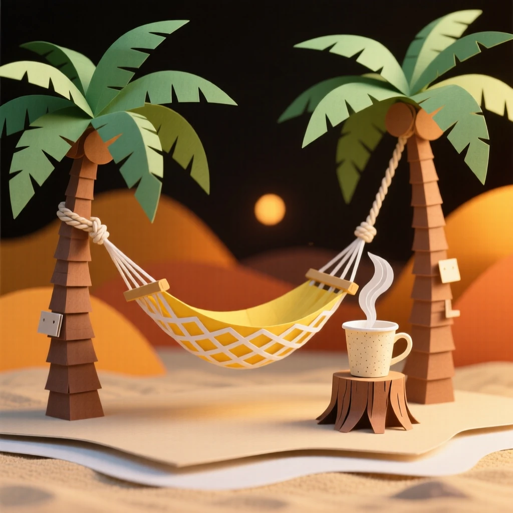 A hammock strung between two palm trees glowing warmly in the evening, with steam rising gently from a warm drink, evoking peaceful simplicity and comfort.