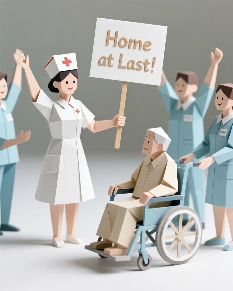 A nurse celebrating with cheering coworkers as a long-term patient is finally discharged.