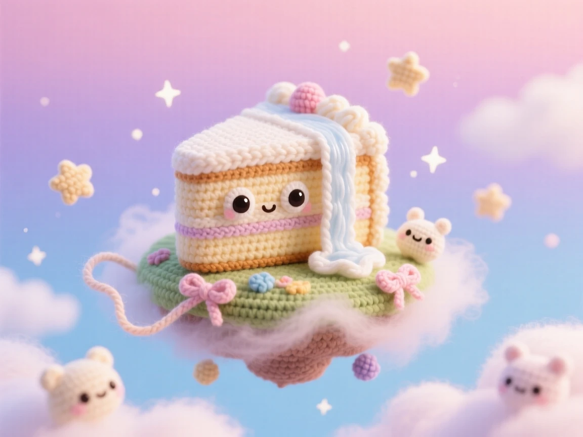 An imaginative scene of a small floating island shaped like a slice of cake with a tiny waterfall of frosting, drifting gently through a pastel sky drifting through a sky scattered with stars; a small ribbon of drifting mist nearby, full of quiet delight in an impossible little world.