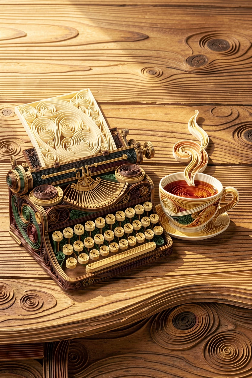 a vintage typewriter beside a cup of tea, on a rustic wooden farmhouse table, composed with soft natural light from one side, with soft golden light highlighting every texture.