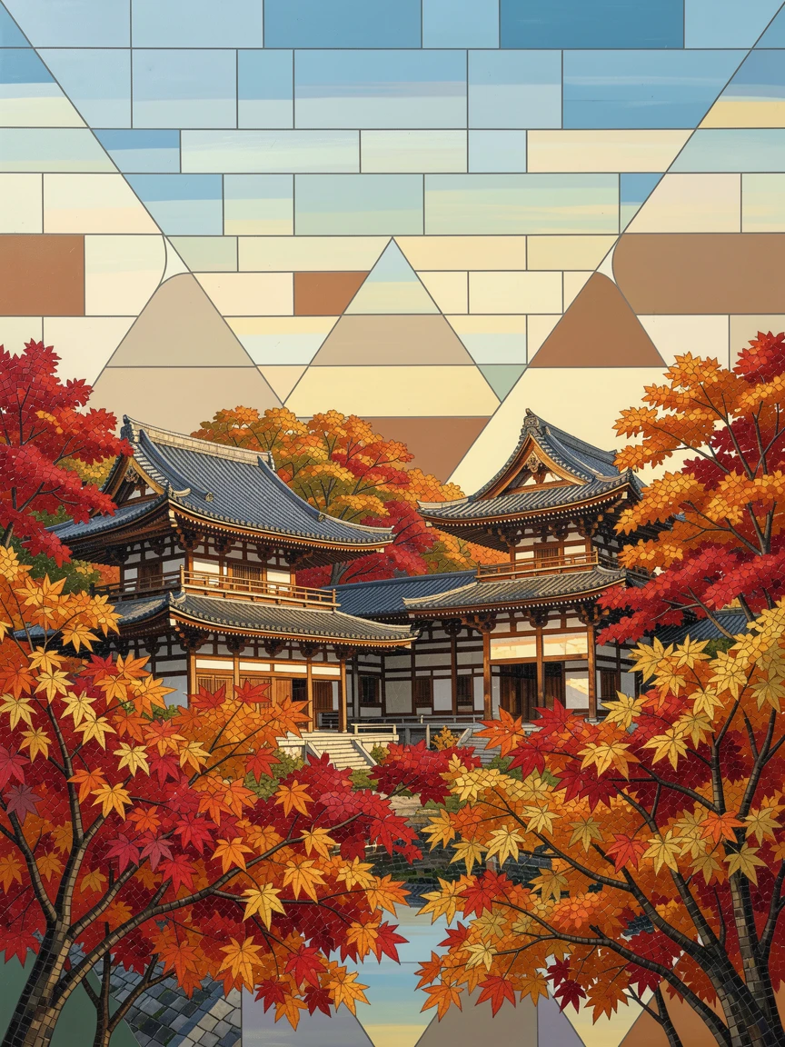 A breathtaking wide-angle view of the ancient temples of Kyoto surrounded by autumn maple trees, with rich warm lighting and fine architectural detail.
