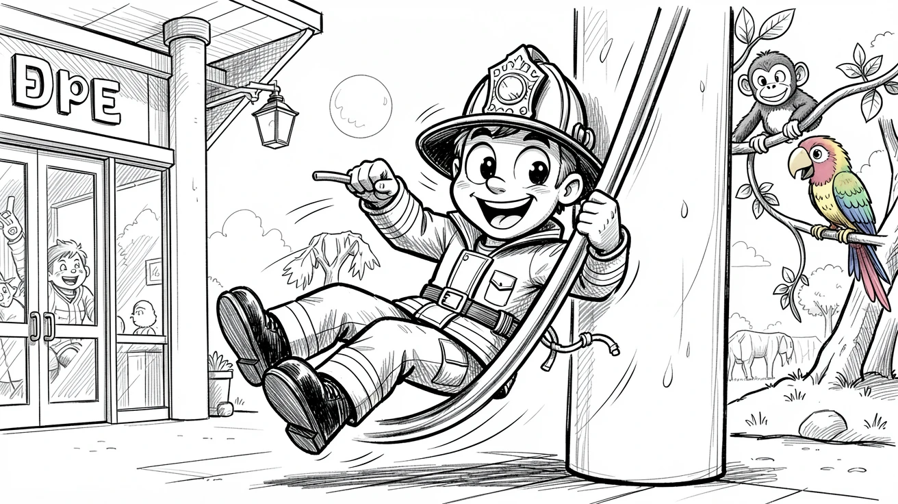 A firefighter sliding down a pole at the station at a zoo on a sunny afternoon.