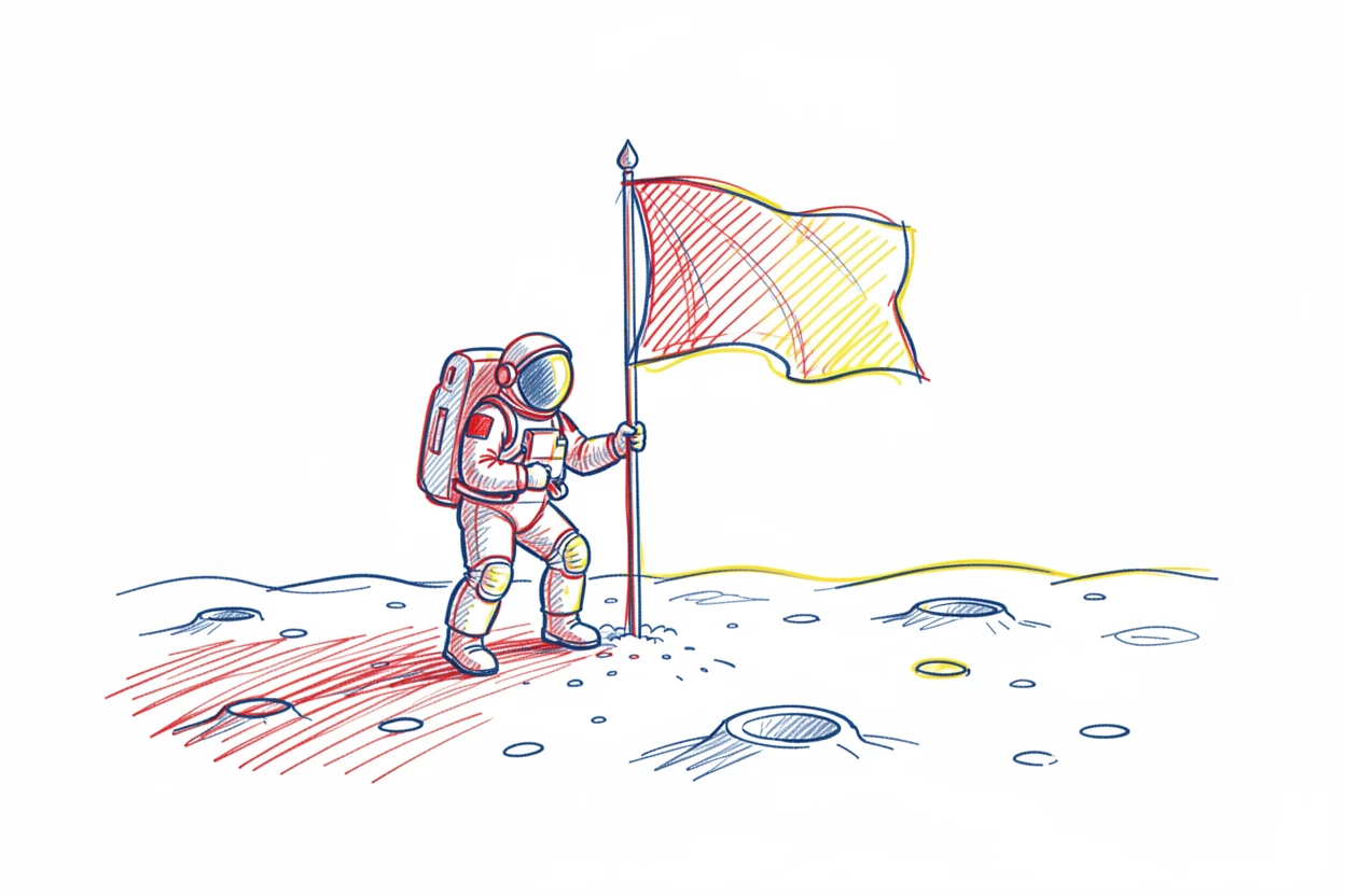 A lone astronaut planting a flag on a dusty, cratered moon surface