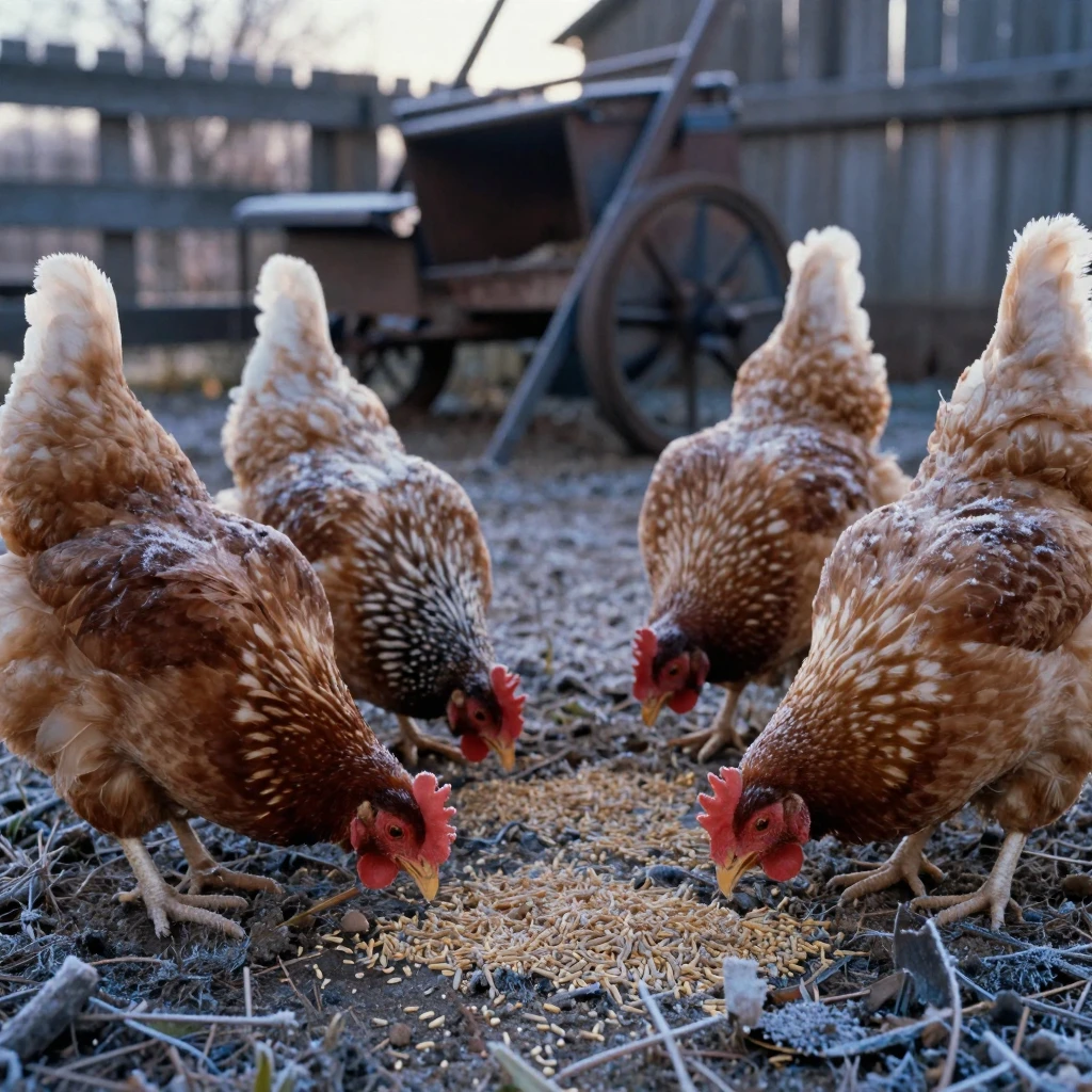 Chickens pecking at grain scattered across a farmyard, in warm morning light, with frost coating every surface, in the depths of winter, in cool blues and silvery greys, in a tight close-up.