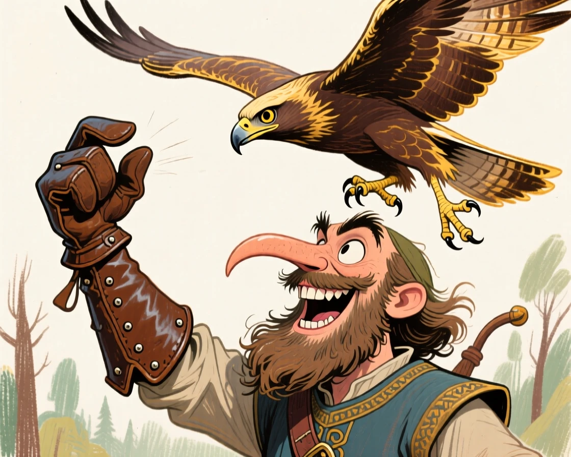 A medieval falconer releasing a majestic hawk from his gloved wrist.